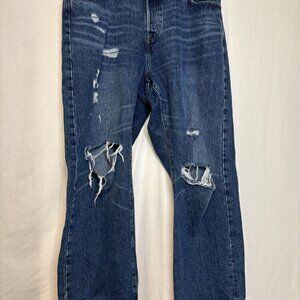 LEVIS 501 Button Fly Thrashed Dark Jeans Women’s 16 Ripped Knee Wide Leg